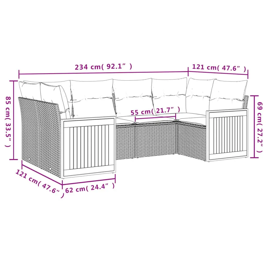 Garden Sofa Set 6 Piece Outdoor Furniture Black Poly Rattan Modular Patio