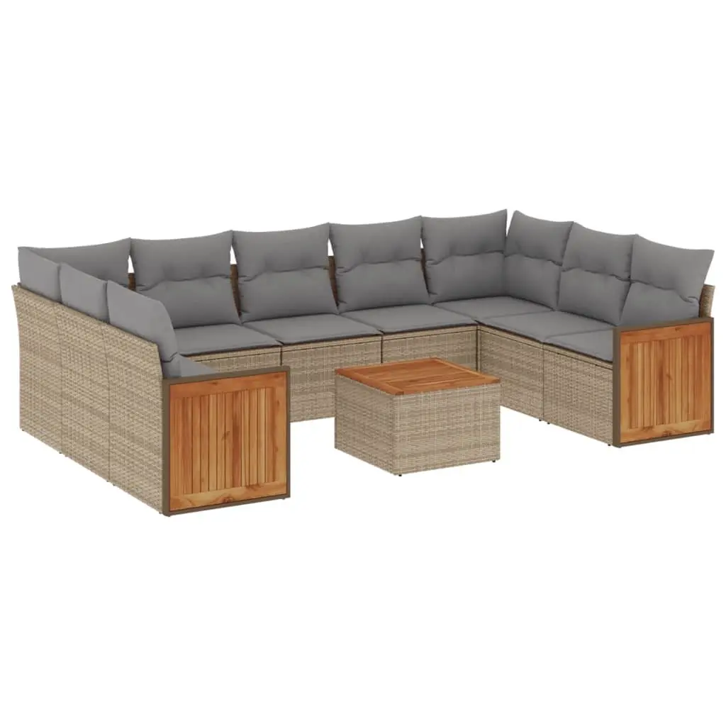 Garden Sofa Set Beige 10 Piece Modular Outdoor Furniture with Thick Cushions and Acacia Wood Tabletop