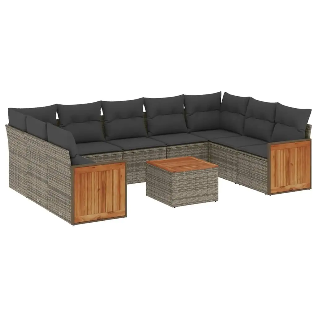 10 Piece Outdoor Garden Sofa Set Grey Poly Rattan Patio Furniture with Cushions