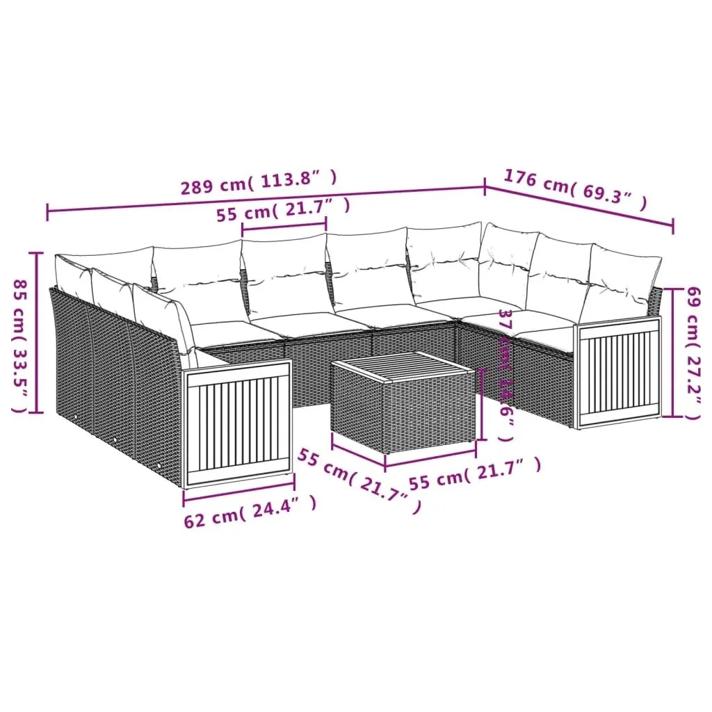 10 Piece Outdoor Garden Sofa Set Grey Poly Rattan Patio Furniture with Cushions