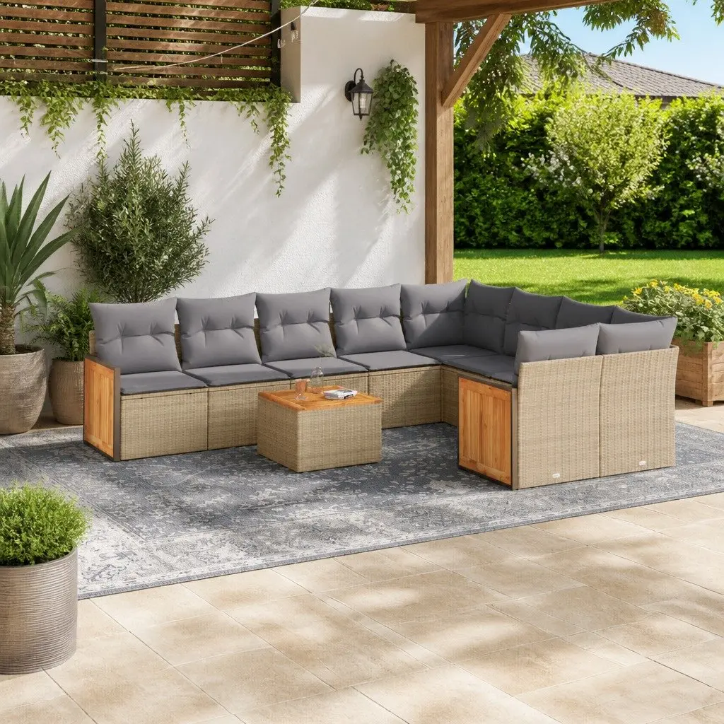 Garden Sofa Set 10 Piece Outdoor Furniture Patio Beige Poly Rattan with Cushions