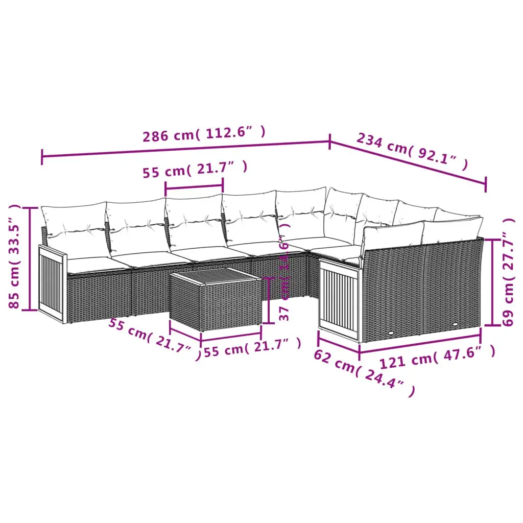 10 Piece Outdoor Garden Sofa Set Grey Poly Rattan Modular Patio Furniture with Cushions