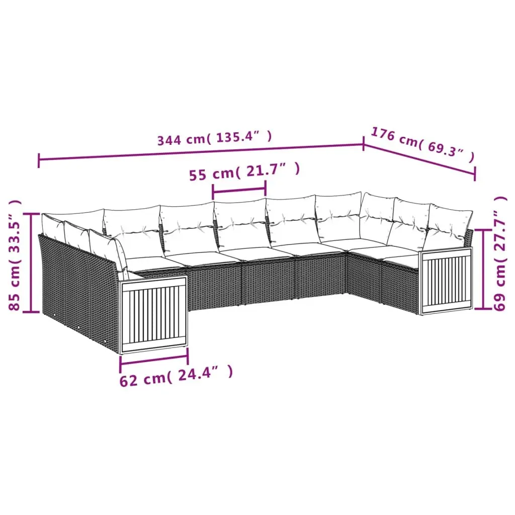 Garden Sofa Set Black 10 Piece Outdoor Furniture Patio Seating with Cushions