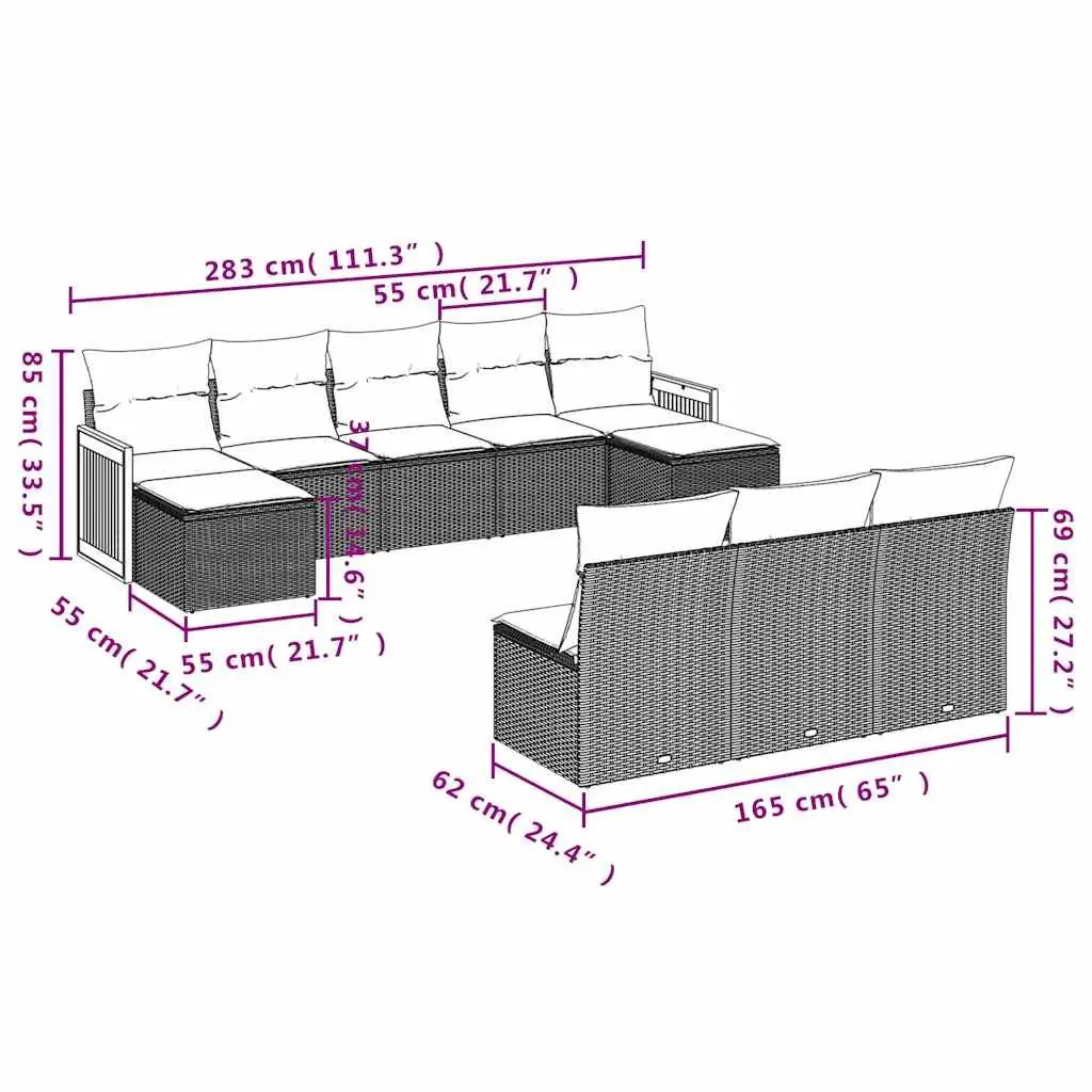 Garden Sofa Set Black 10 Piece Outdoor Furniture Modular Rattan Seating
