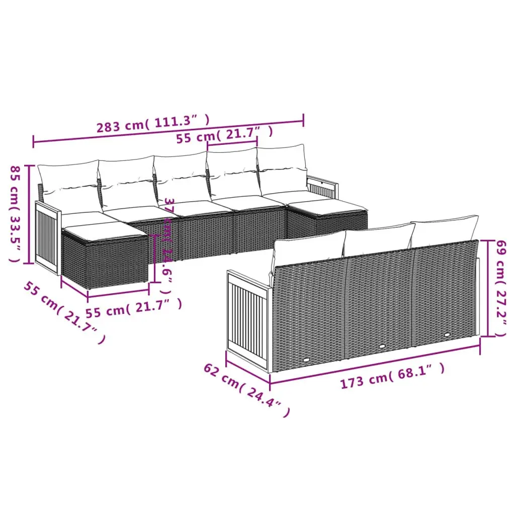 Garden Sofa Set Grey 10 Piece Outdoor Furniture Cushioned Modular