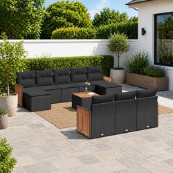 Outdoor Garden Sofa Set 11 Piece Black Poly Rattan Patio Furniture with Cushions