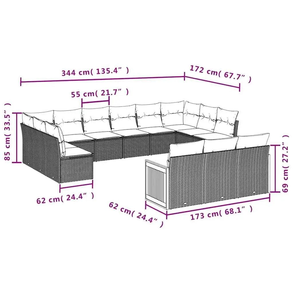 Garden Sofa Set Black 13 Piece Modular Outdoor Furniture with Thickly Padded Cushions