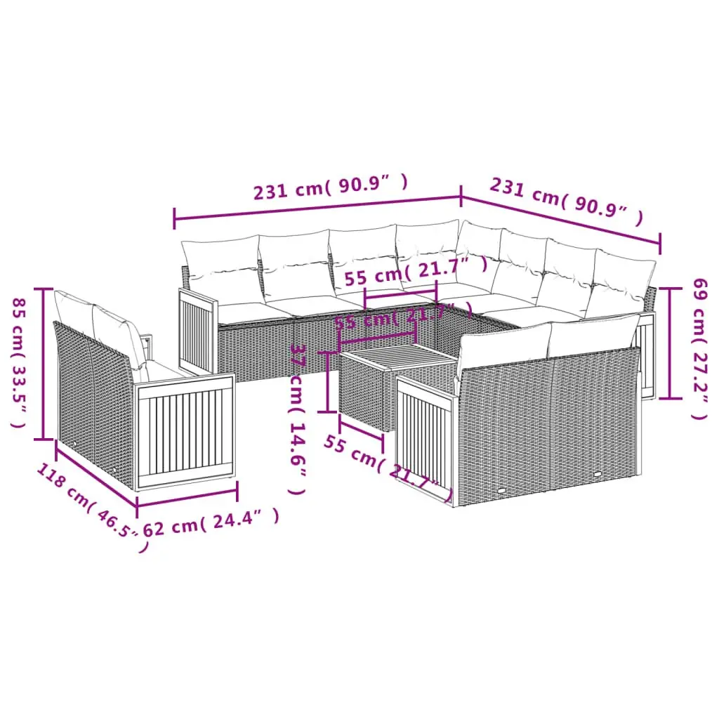 Garden Sofa Set Beige 12 Piece Outdoor Furniture Modular Durable PE Rattan with Acacia Wood Tabletop Thickly Padded Cushions