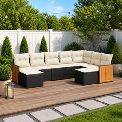 9 Piece Garden Sofa Set Outdoor Patio Furniture Black Poly Rattan with Cushions