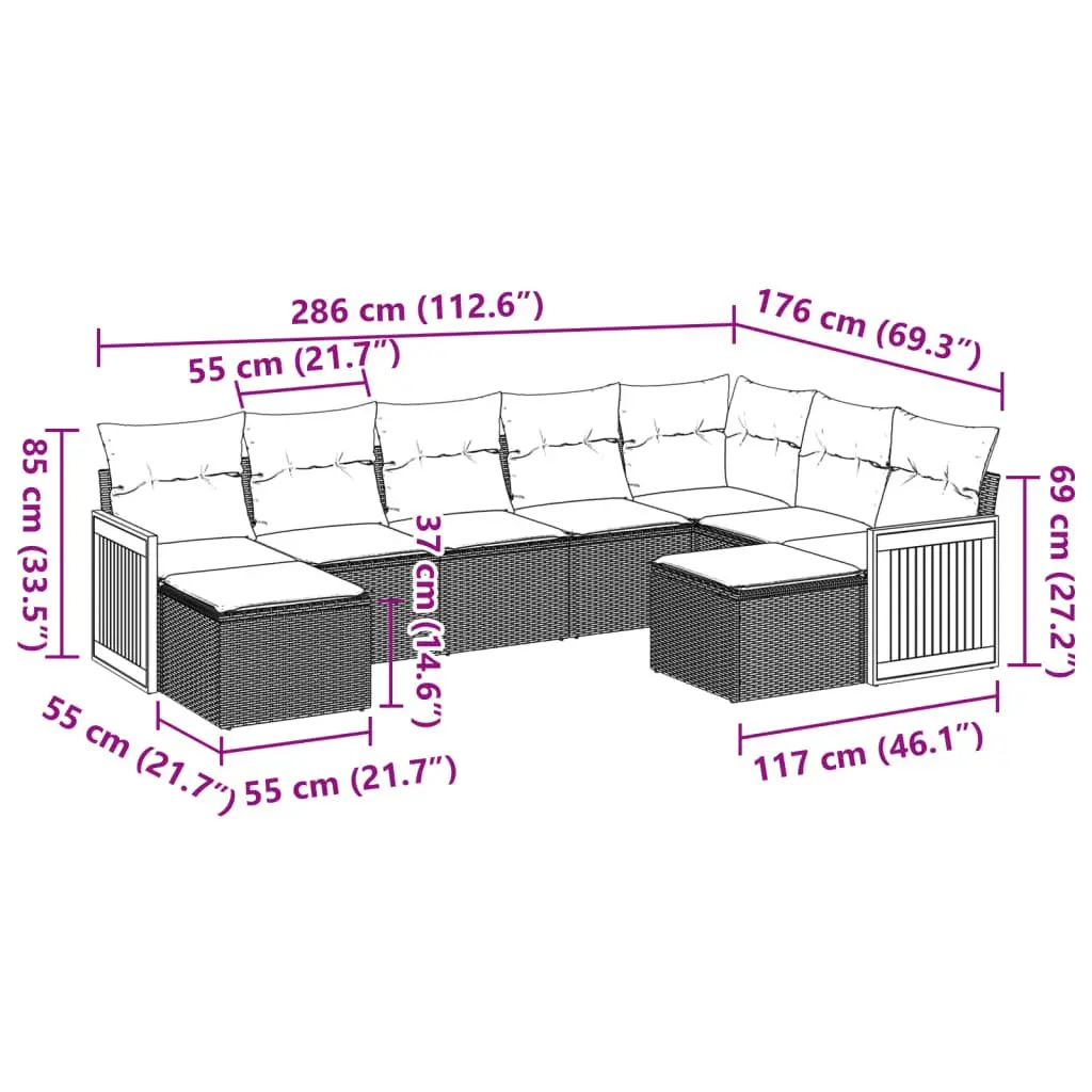 9 Piece Modular Sofa Set Black Poly Rattan Outdoor Furniture with Cushions