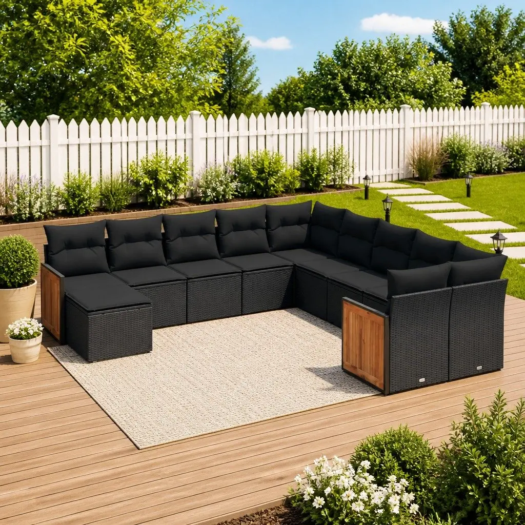 Garden Sofa Set 11 Piece Black Outdoor Patio Furniture Modular with Cushions