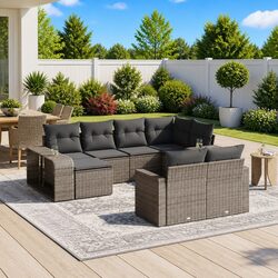 Outdoor Garden Sofa Set 10 Piece Grey Poly Rattan Patio Furniture with Cushions