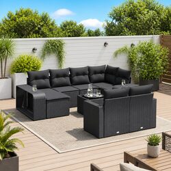 Garden Sofa Set 11 Piece Outdoor Furniture Patio Black Poly Rattan with Cushions