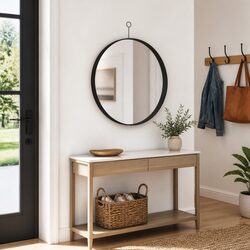 Hanging Wall Mirror Black Round Modern Home Decor with Hook 50cm Diameter