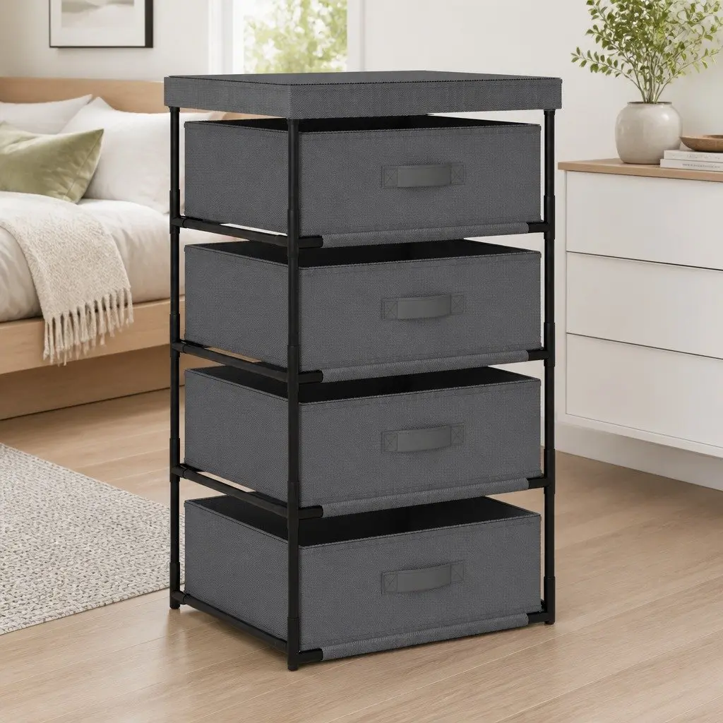 Storage Rack Grey 4 Removable Fabric Baskets Steel Frame Organiser