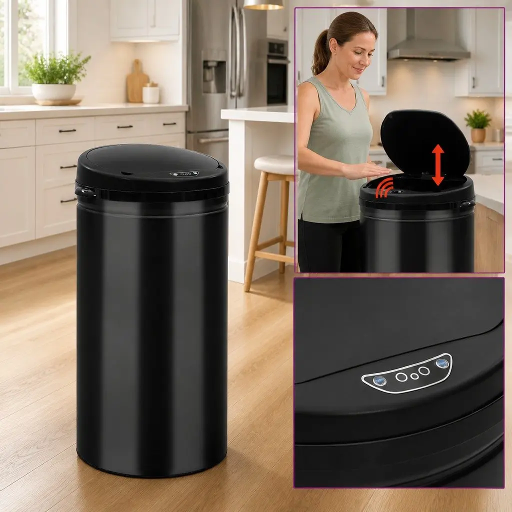 Automatic Sensor Dustbin Black 40L Touch-Free Waste Disposal with Carbon Steel Housing and ABS Lid