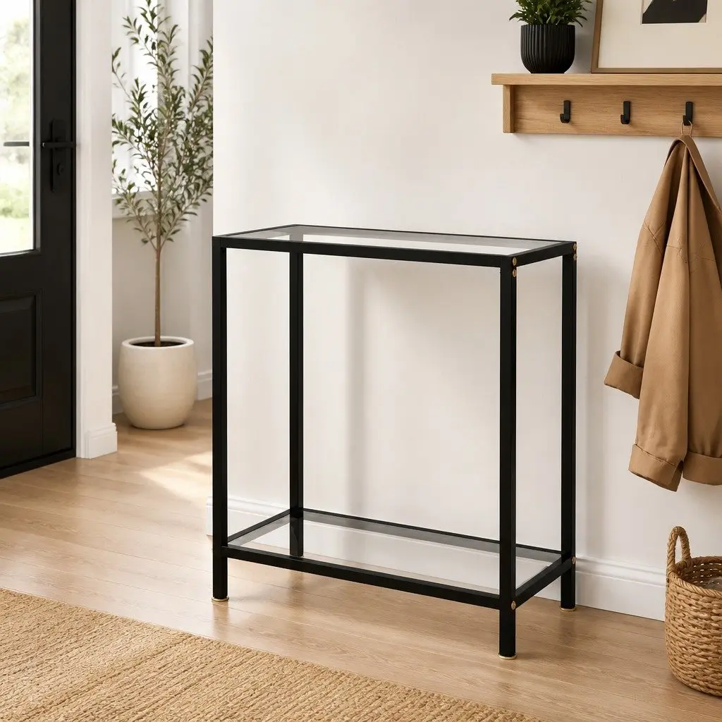 Console Table Transparent 60cm Tempered Glass with Shelf Storage