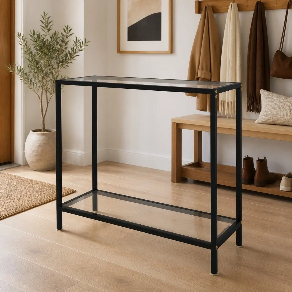 Console Table Transparent Tempered Glass Top Powder-Coated Steel Frame with Shelf Storage