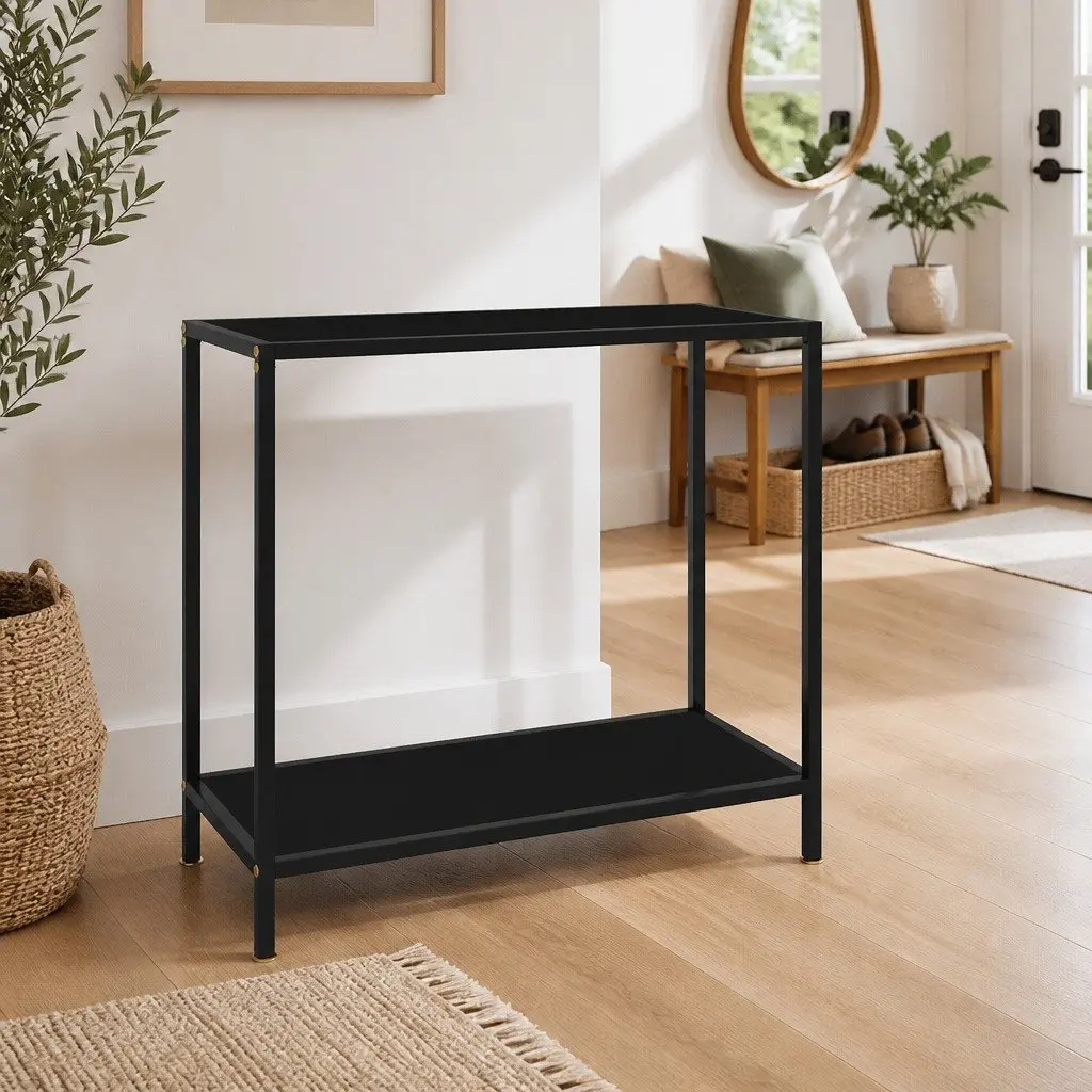 Console Table Black Glass Top Storage Shelf Living Room Accent