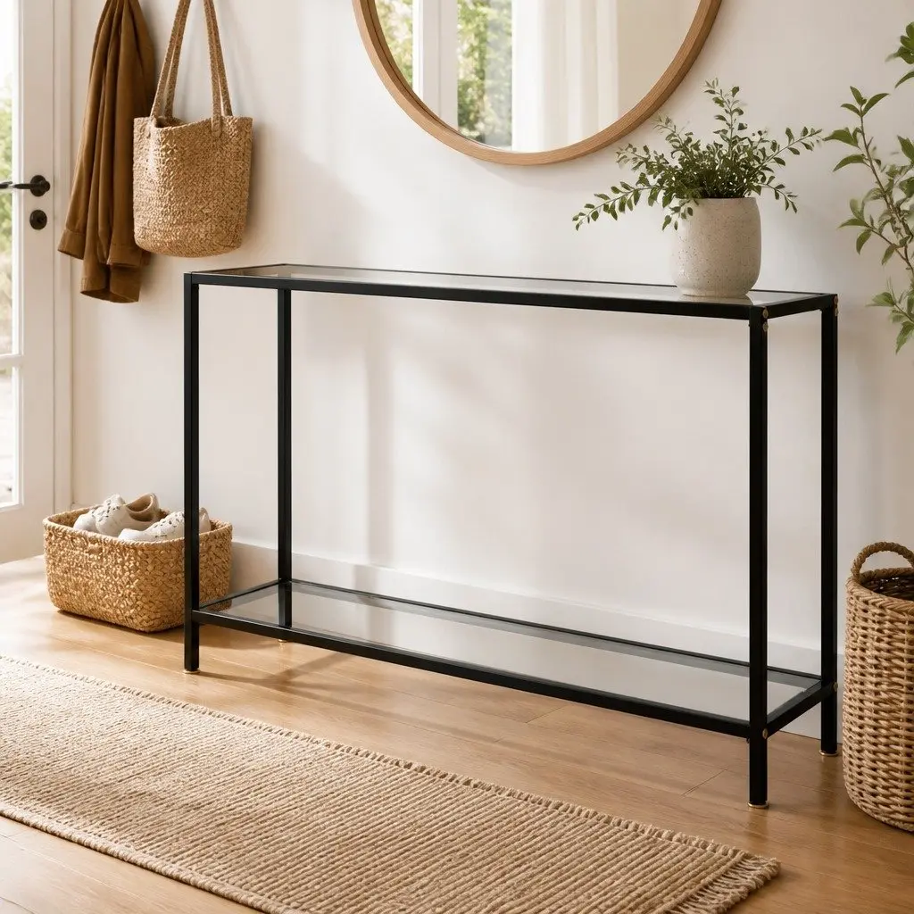 Console Table Transparent Tempered Glass 120 cm Powder-coated Steel Frame Shelf