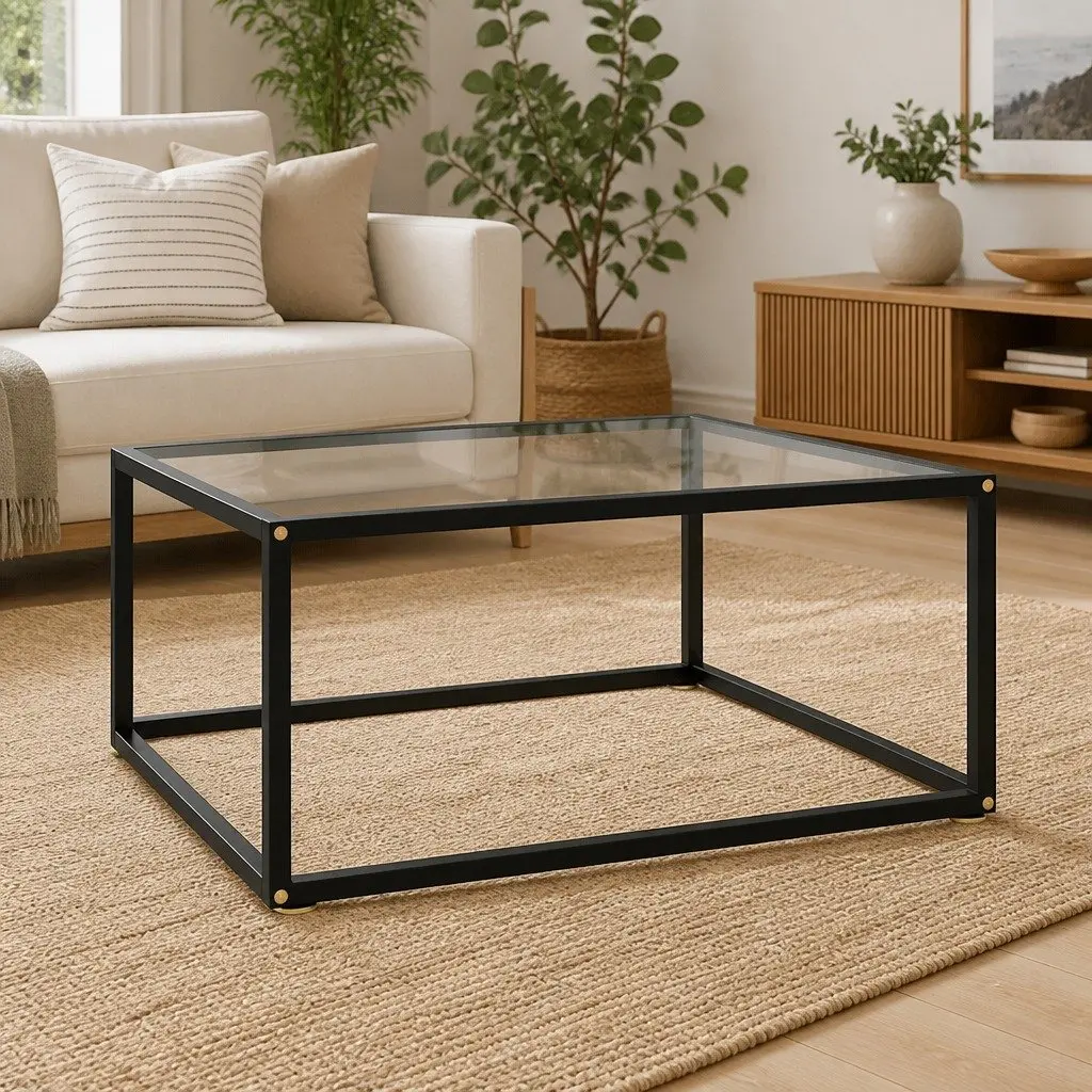 Coffee Table Black 80 x 80 x 35 cm Tempered Glass Top Steel Frame
