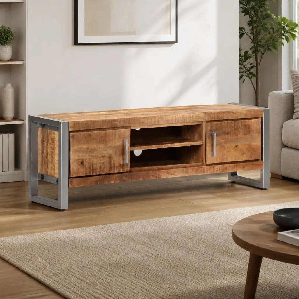 TV Cabinet 120x30x40 cm Rough Mango Wood Industrial Style Media Storage Unit