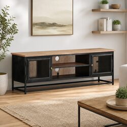 Your New Grey TV Cabinet: Solid Acacia Wood with Steel Support