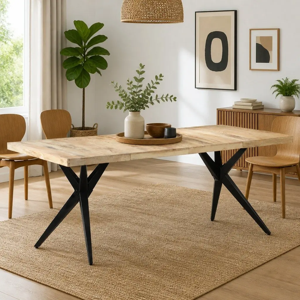 Dining Table White 200x90x76 cm Rough Mango Wood with Steel Legs