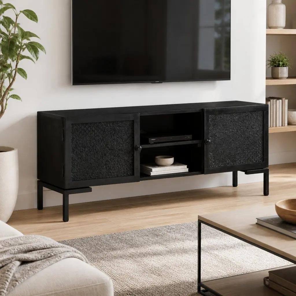 Solid Wood Black TV Cabinet Media Unit with 2 Shelves and 2 Doors for Living Room Storage