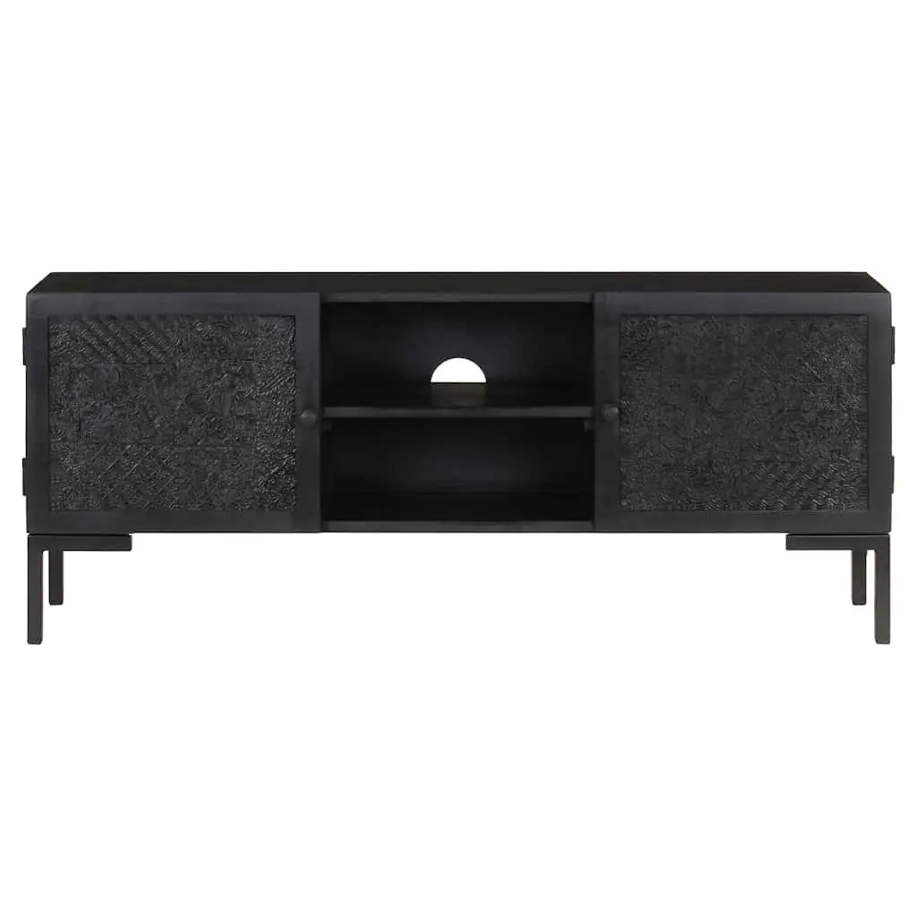 Solid Wood Black TV Cabinet Media Unit with 2 Shelves and 2 Doors for Living Room Storage