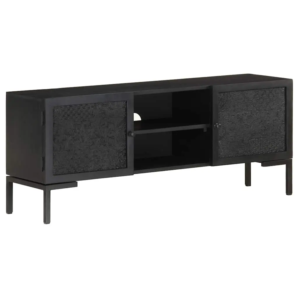 Solid Wood Black TV Cabinet Media Unit with 2 Shelves and 2 Doors for Living Room Storage