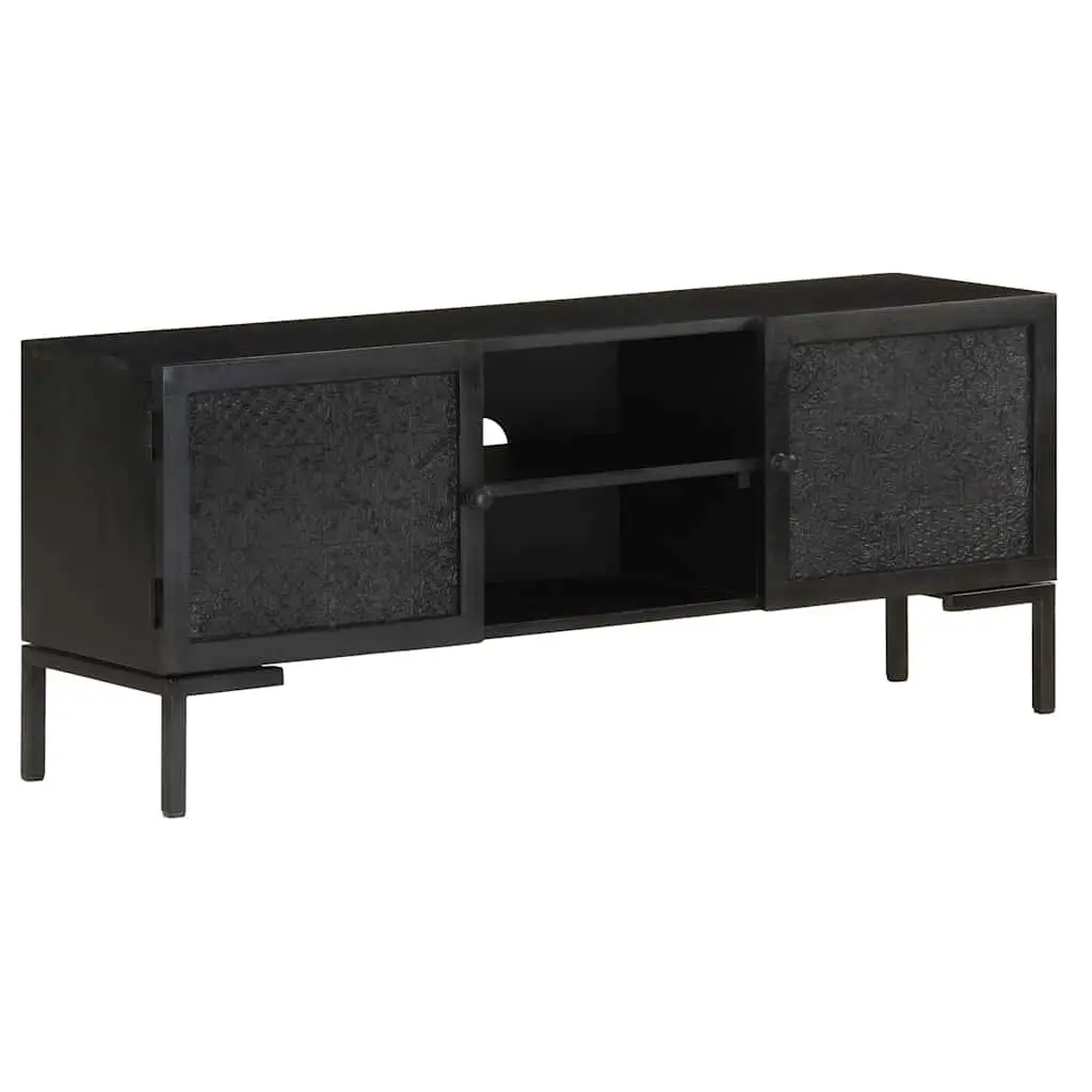 Solid Wood Black TV Cabinet Media Unit with 2 Shelves and 2 Doors for Living Room Storage