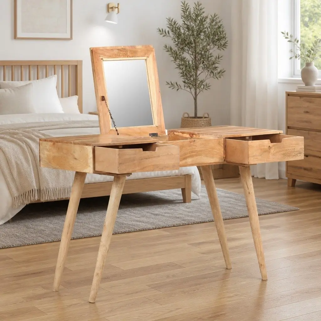 Dressing Table Brown Solid Wood 112x45x76cm with Mirror and 2 Storage Drawers