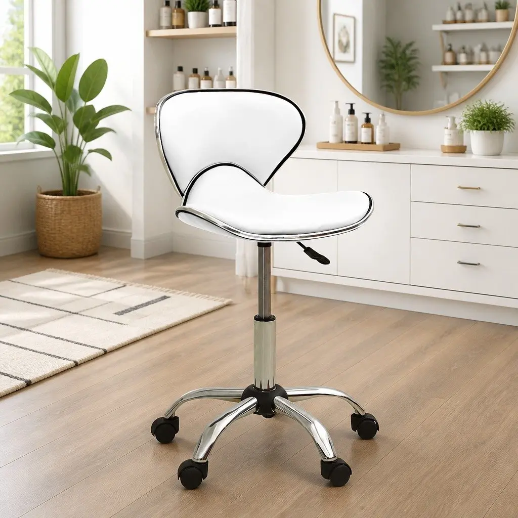 Salon Spa Stool White Height Adjustable Swivel Chair Faux Leather