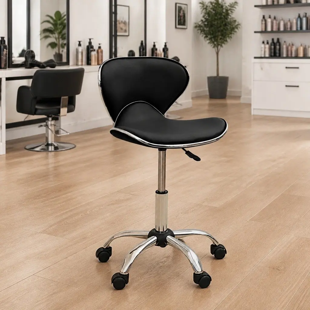 Salon Spa Stool Black Height Adjustable 360 Degree Swivel Five Wheels Mobility