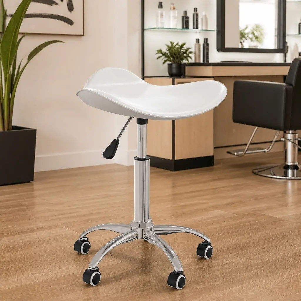 Height Adjustable Rolling Swivel Stool White Faux Leather for Salon and Spa Use