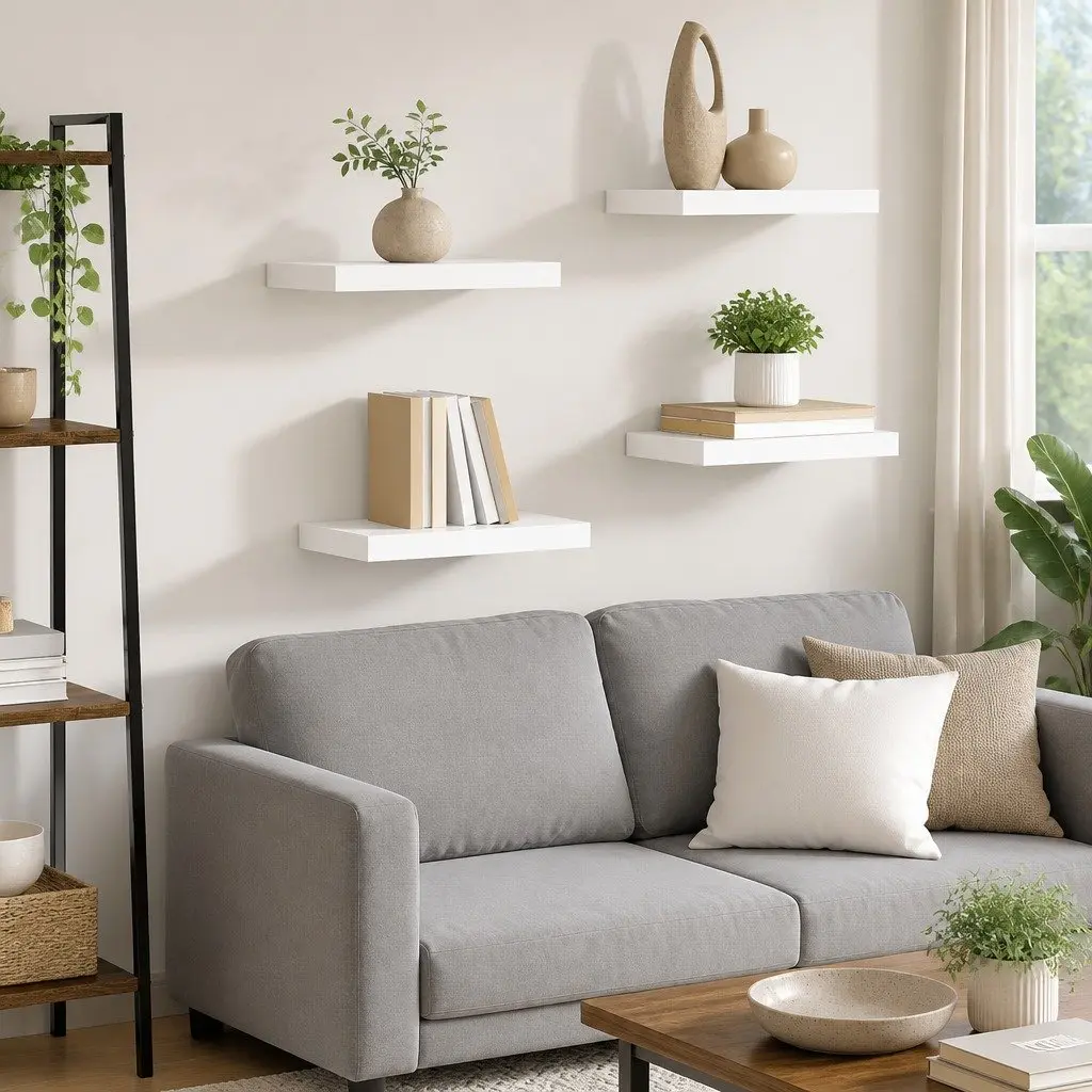 Floating Wall Shelves White 4 Piece Invisible Mounting System Display Storage