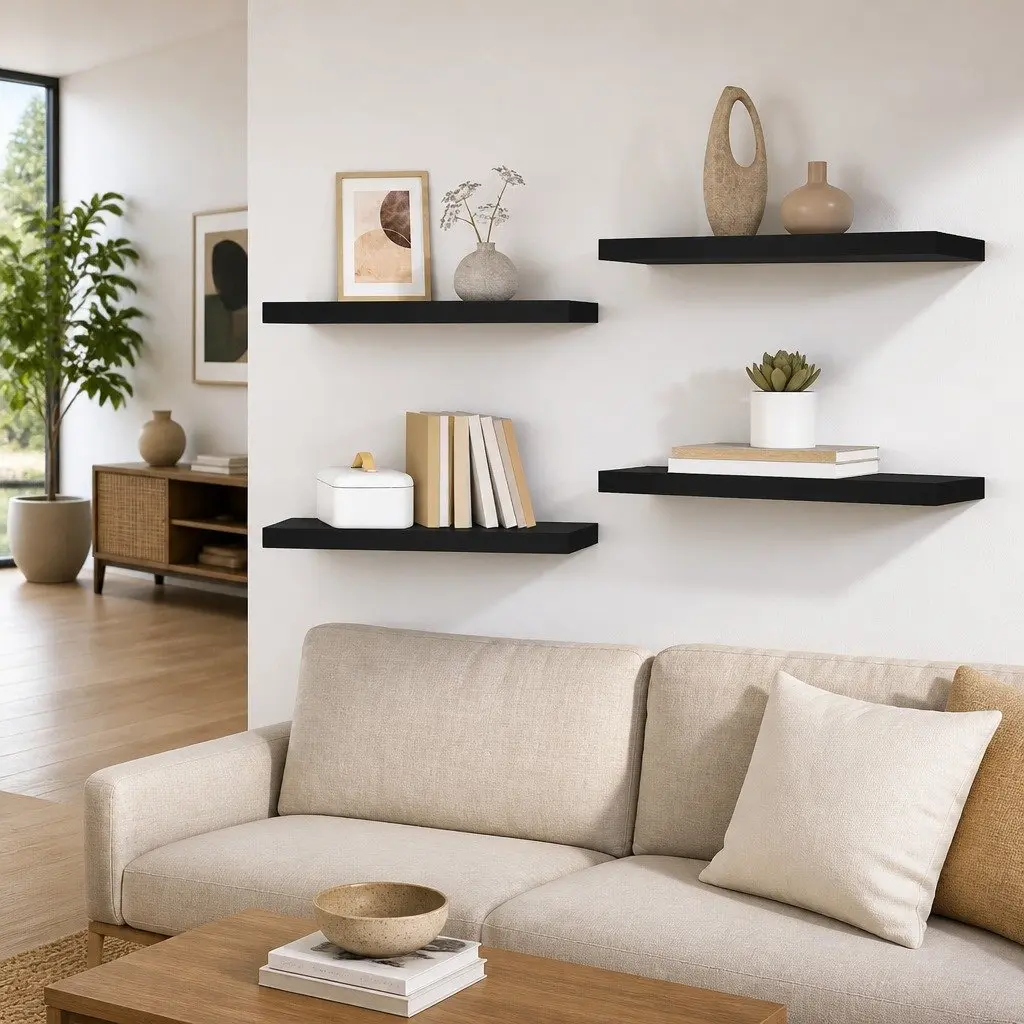 Floating Wall Shelves Black 4 Piece MDF Storage Rack Invisible Mounting System Home Decor Organizer