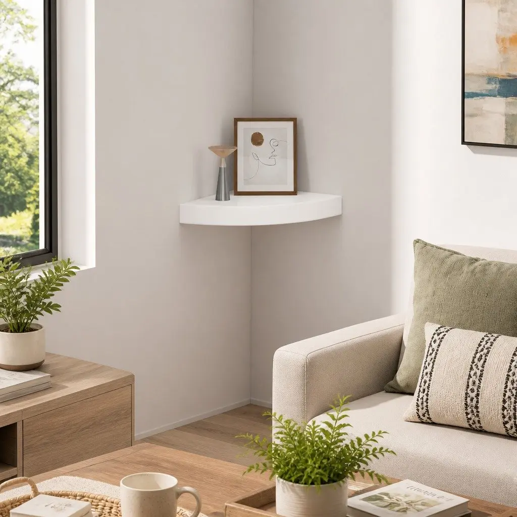 Floating Corner Wall Shelf White High Gloss Display Storage Ledge Home Decor