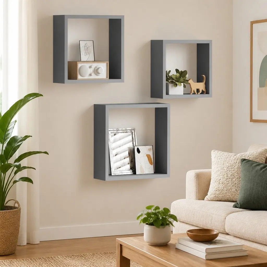 Wall Cube Shelves Grey 3 Piece Storage Organiser Display Floating Corner Unit