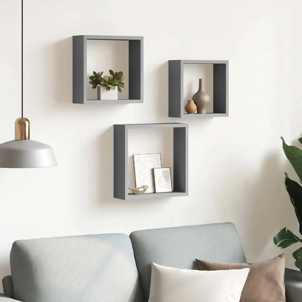 Wall Cube Shelves Grey 3 Piece Storage Organiser Display Floating Corner Unit