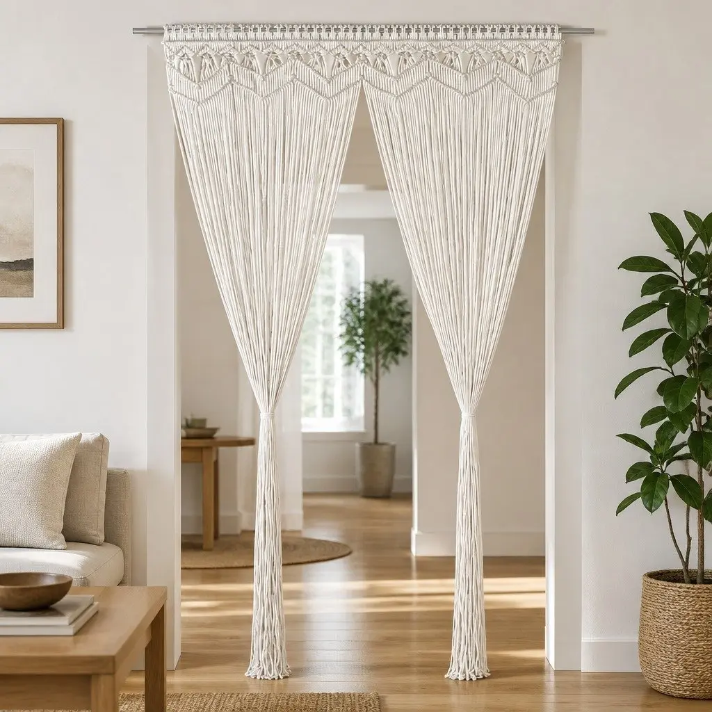 Macrame String Curtain 140x240 cm Cotton Cream Door Window Room Divider Decal