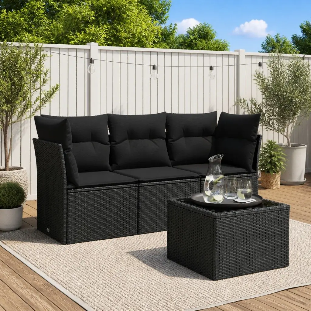 Garden Sofa Set Black 4 Piece Outdoor Patio Furniture Poly Rattan with Cushions