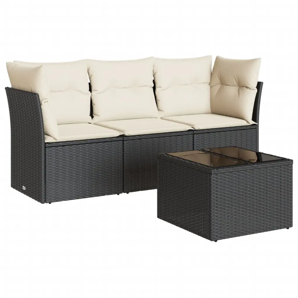 4 Piece Garden Sofa Set Black Modular Outdoor Furniture PE Rattan with Tempered Glass Table