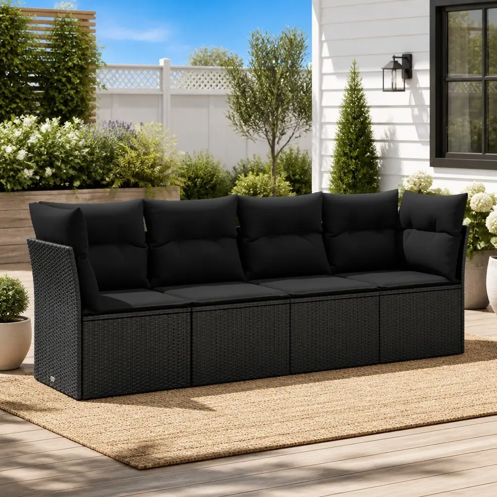 4 Piece Garden Sofa Set Black PE Rattan Outdoor Furniture with Storage