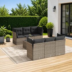 7 Piece Garden Sofa Set Grey Outdoor Furniture Patio Lounge Rattan with Cushions