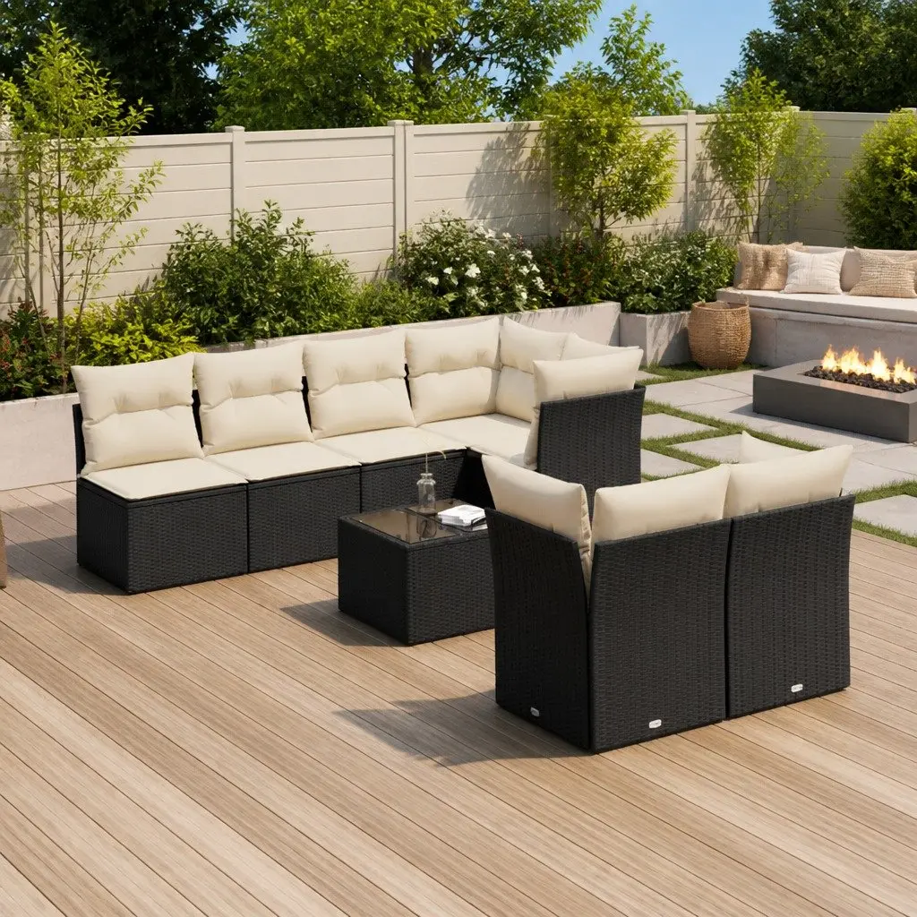 Garden Sofa Set Black 8 Piece Outdoor Furniture Poly Rattan Patio Seating with Storage Compartments Removable Cushion Covers