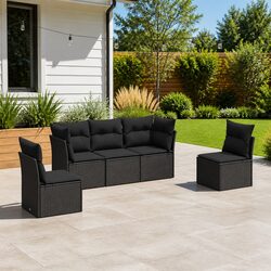 Outdoor Garden Sofa Set 5 Piece Black Poly Rattan Patio Furniture with Cushions