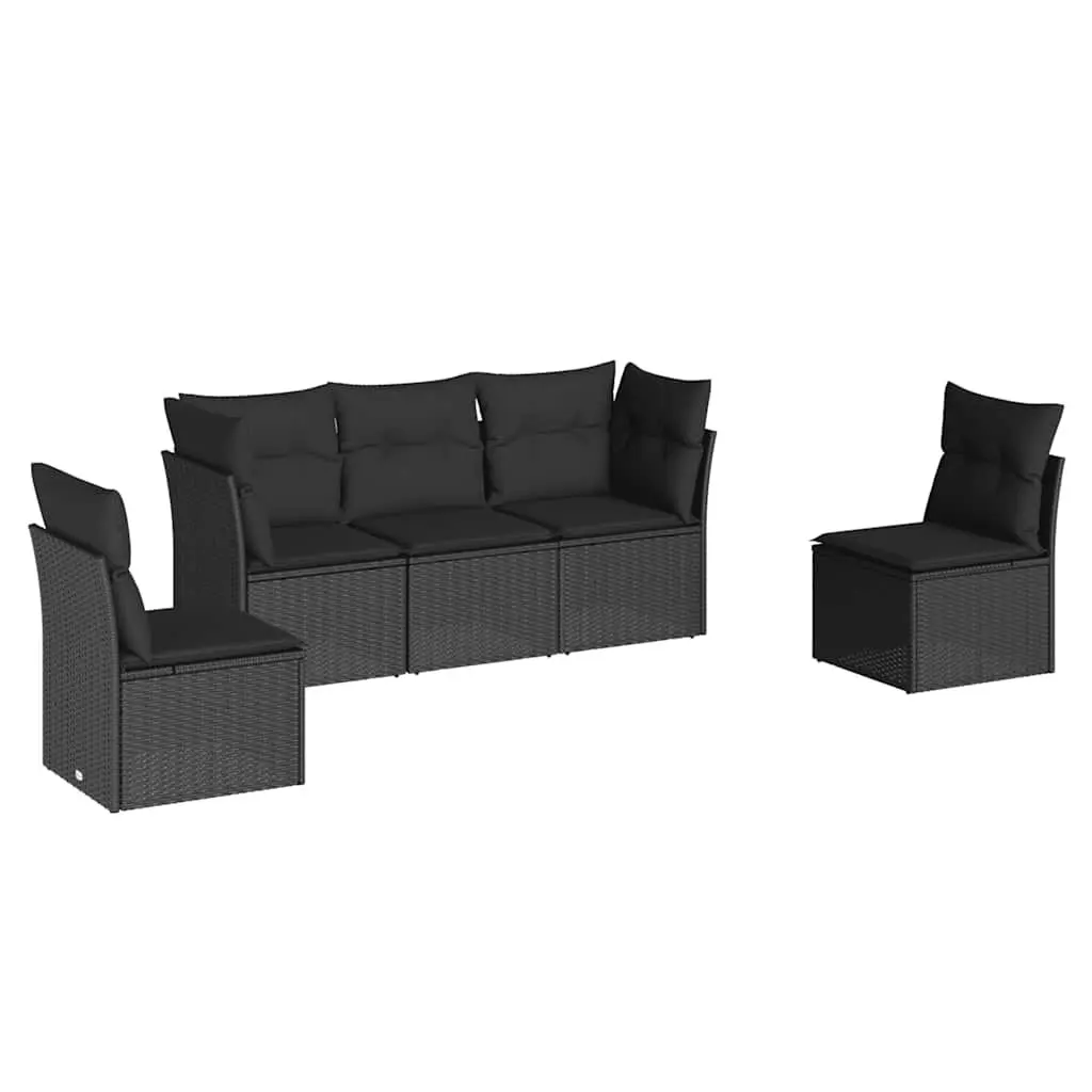 Outdoor Garden Sofa Set 5 Piece Black Poly Rattan Patio Furniture with Cushions