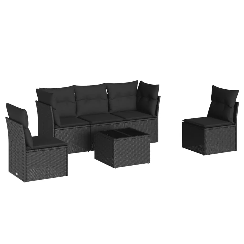 Garden Sofa Set Black 6 Piece Modular Outdoor Furniture with Tempered Glass Table and Removable Cushion Covers